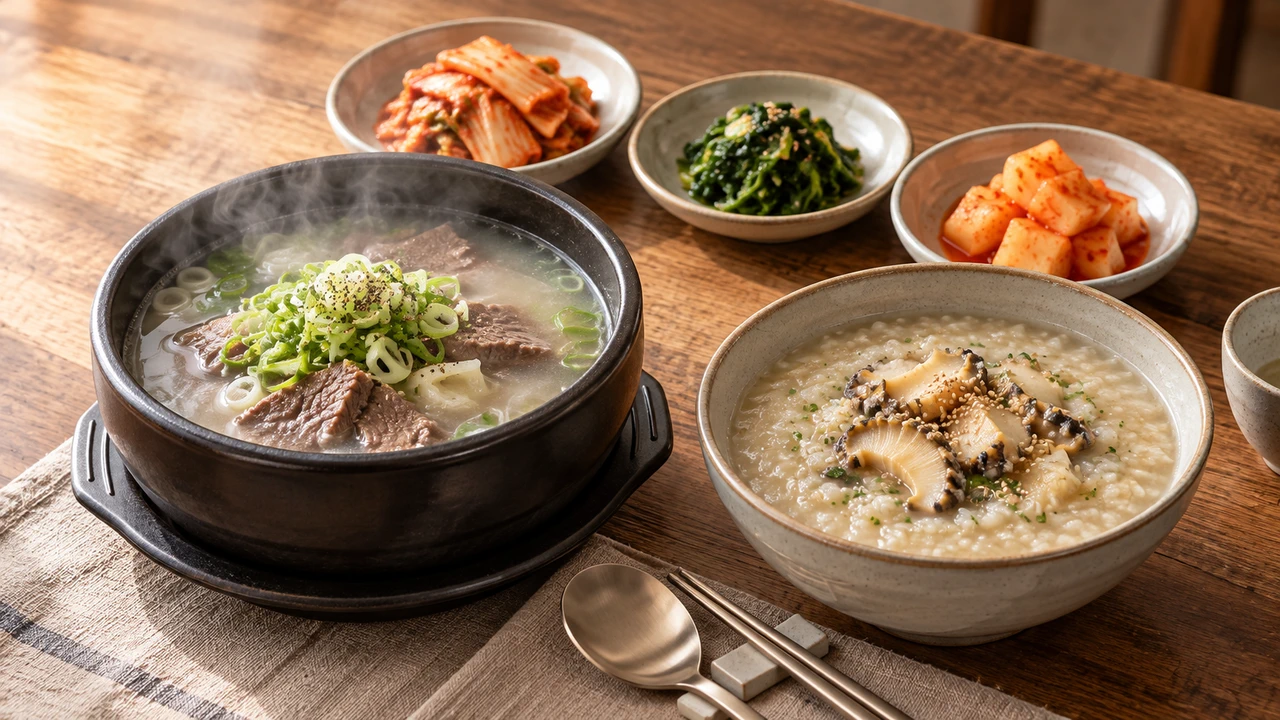 해장국 뚝배기와 전복죽 아침 상
