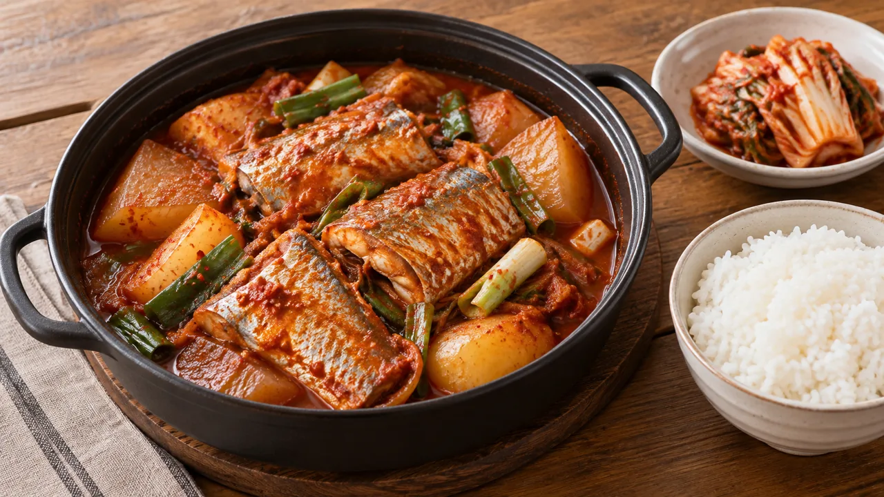 갈치 토막과 무를 넣은 조림 한 상